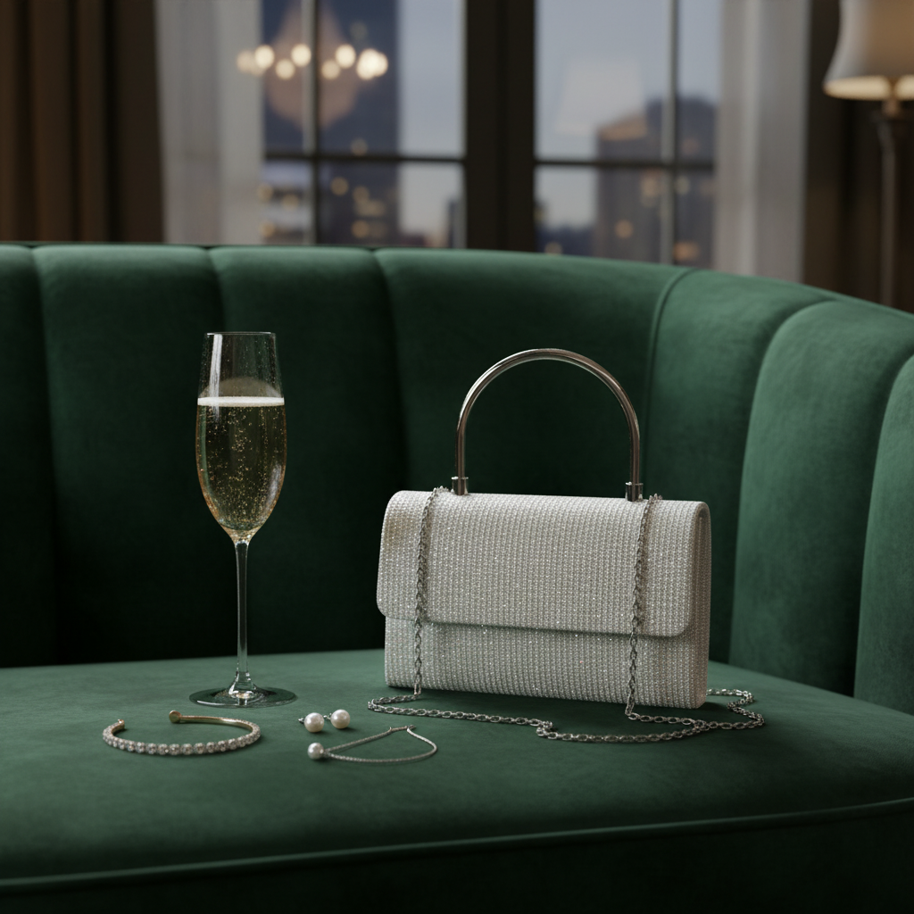 Glamurozna Srebrna Clutch Torbica sa Metalnom Ručkom i Sjajnim Detaljima Slika 3