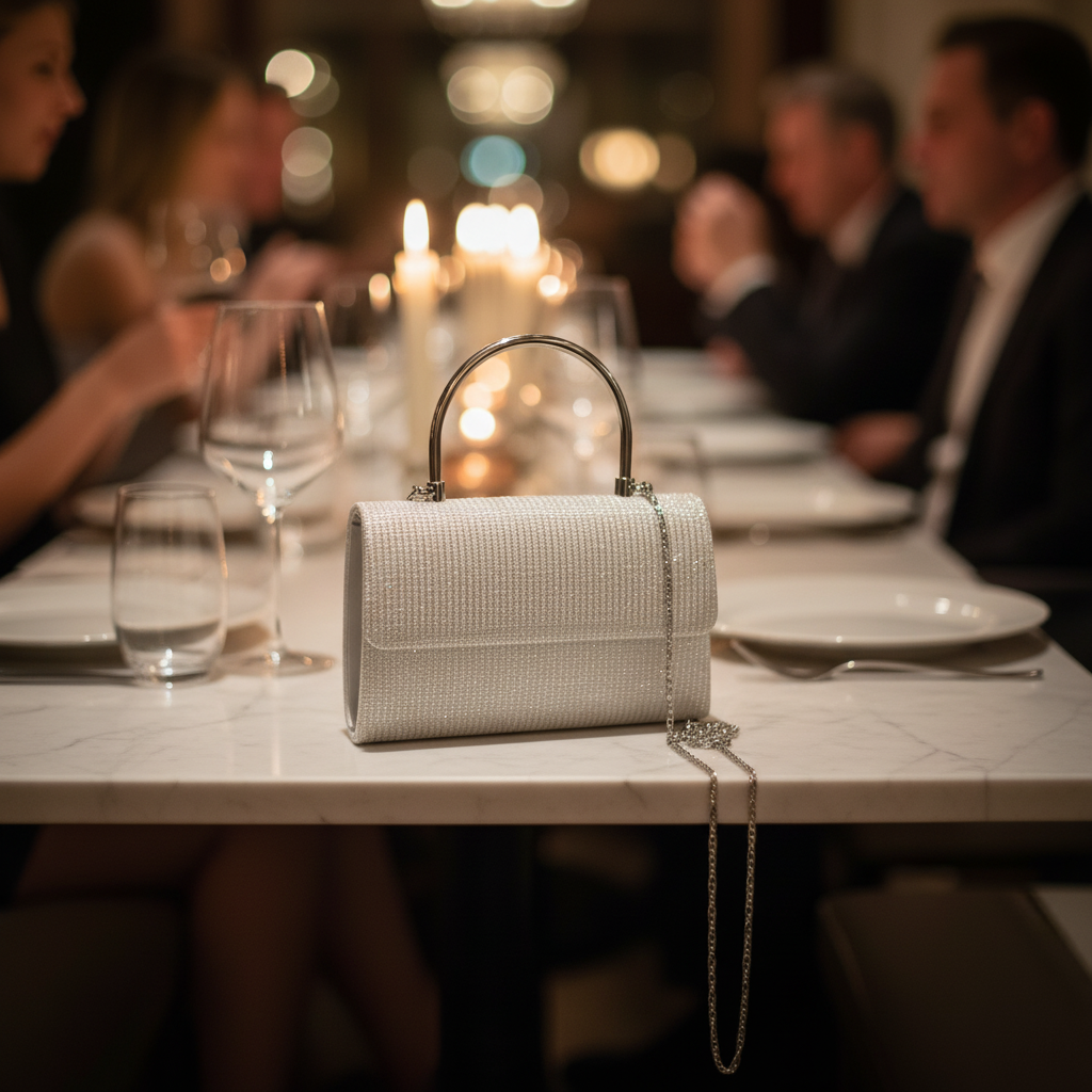 Glamurozna Srebrna Clutch Torbica sa Metalnom Ručkom i Sjajnim Detaljima Slika 4