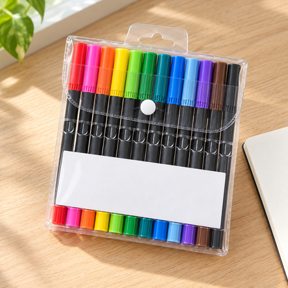 Dvostrani flomasteri u 12 boja – set na radnom stolu