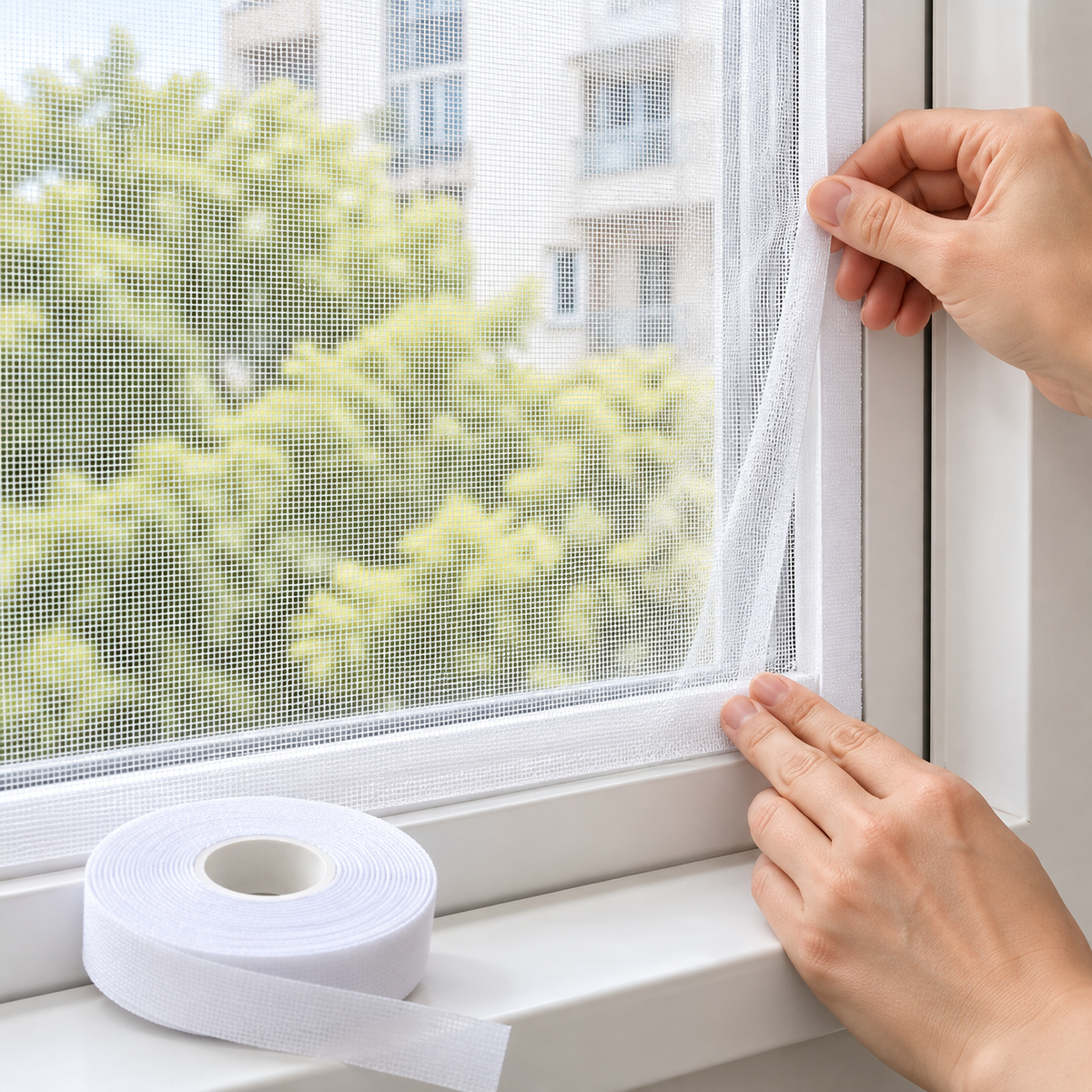 Bijela mreža za prozor protiv komaraca 130 × 150 cm – prikaz u rukama