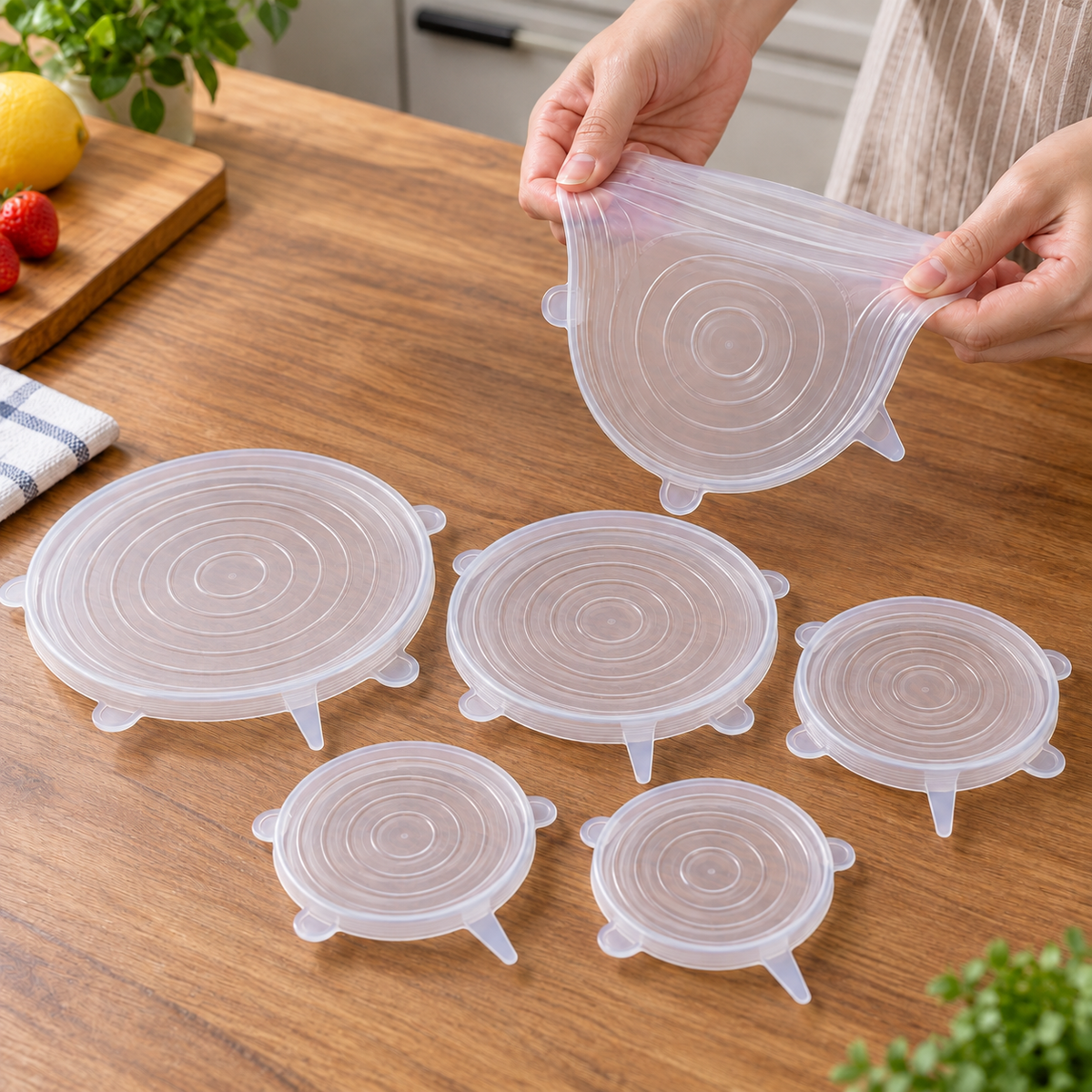 Silikonski rastezljivi poklopci – set od 6 – prikaz u ruci