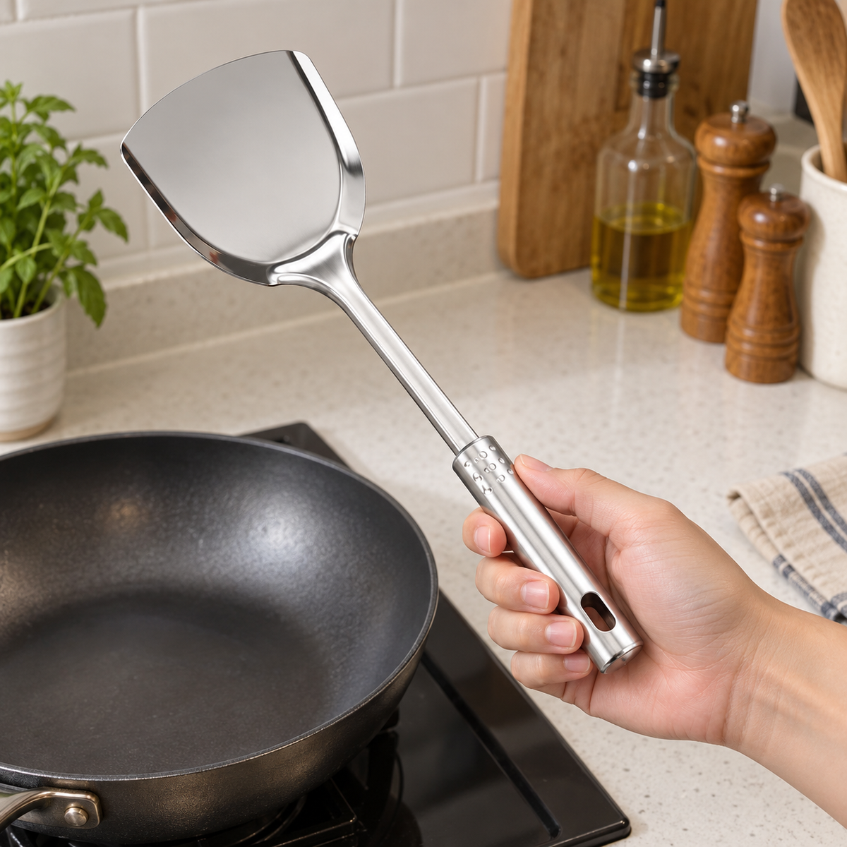 Metalna kuhinjska lopatica 31 cm – prikaz u ruci