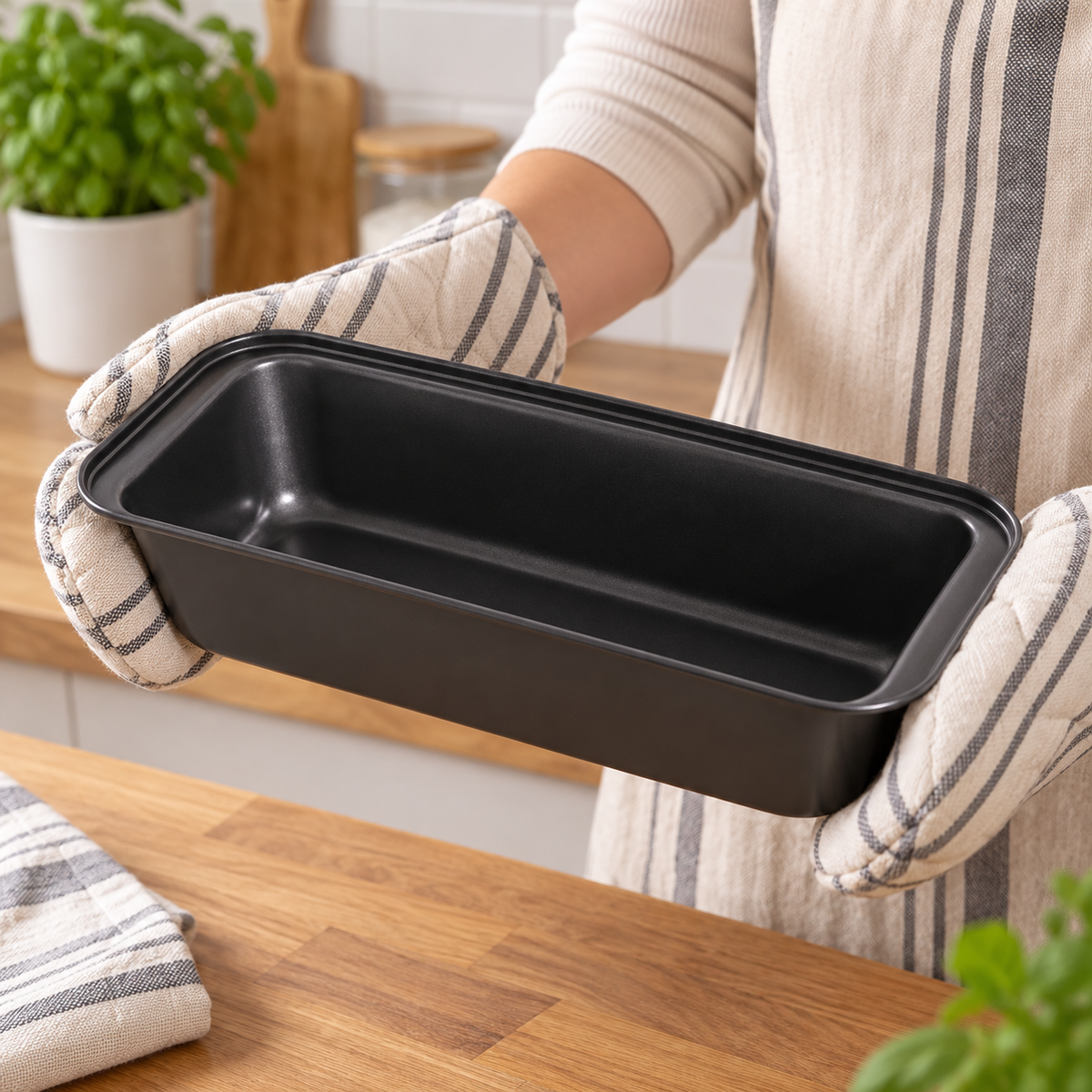 Crni kalup za hljeb i kolače – izbor veličine – 31 × 13 cm – prikaz u ruci