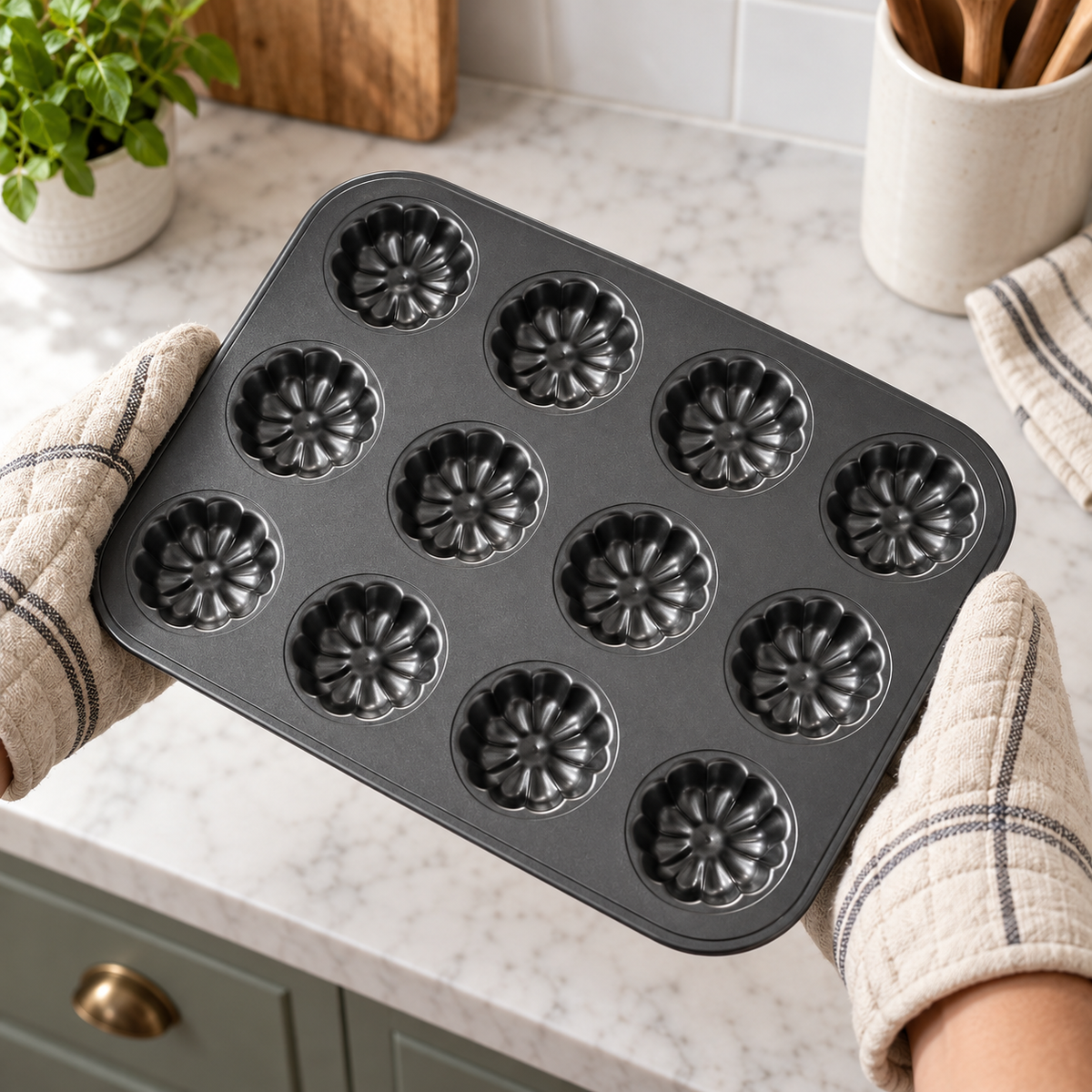 Cvjetni kalup za mafine s 12 udubljenja – prikaz u ruci