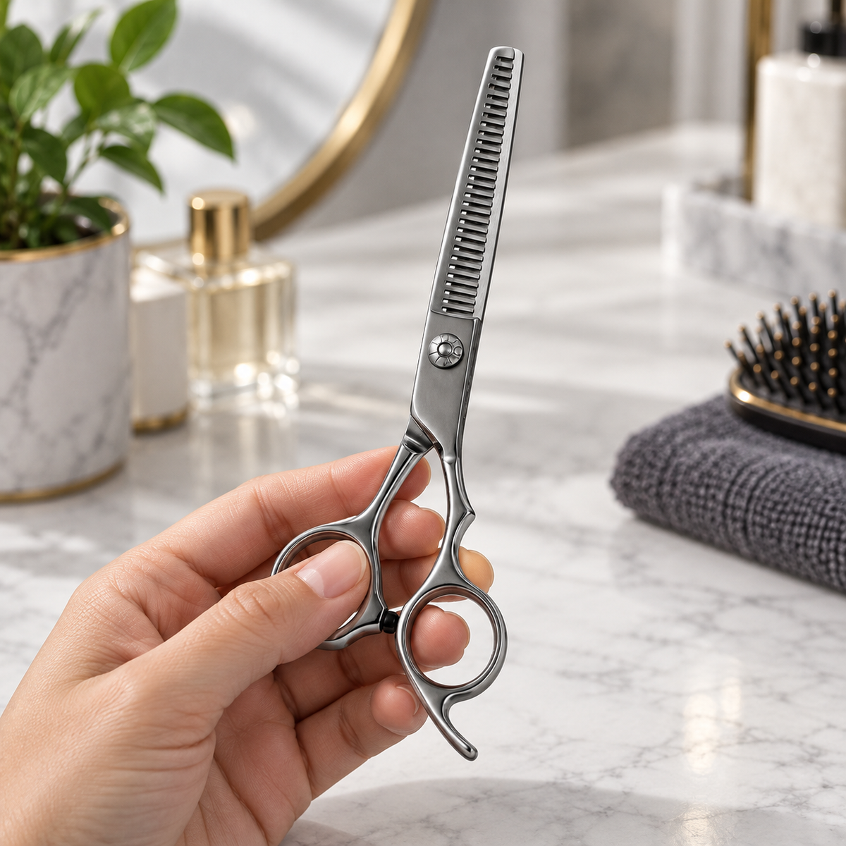 LOZAN nazubljene frizerske makaze – prikaz u ruci