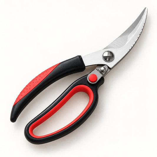 Kuhinjske makaze sa zakrivljenim sječivima – crveno-crni primjer – studijski prikaz