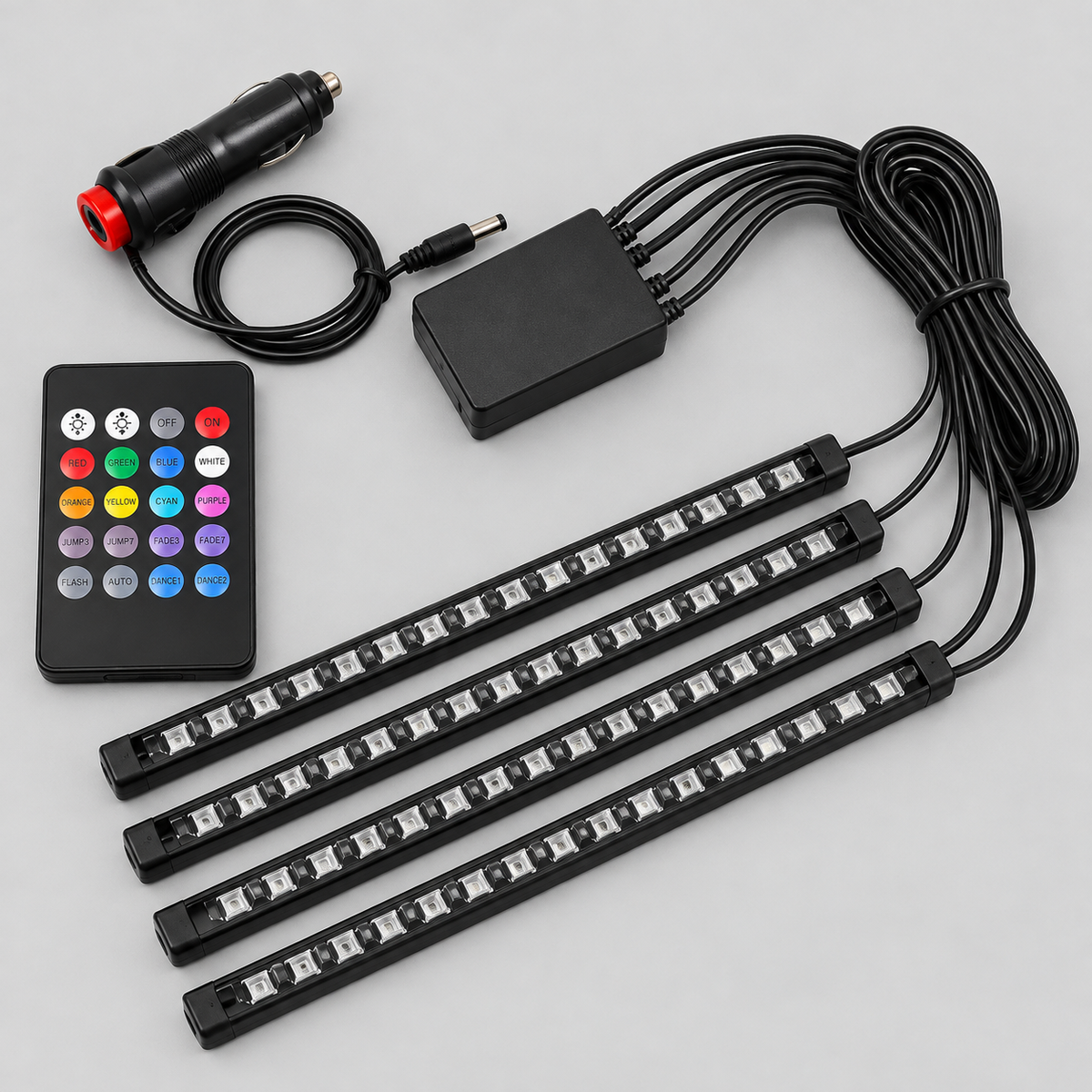 RGB LED osvjetljenje za auto – 4 letvice i daljinski – studijska fotografija