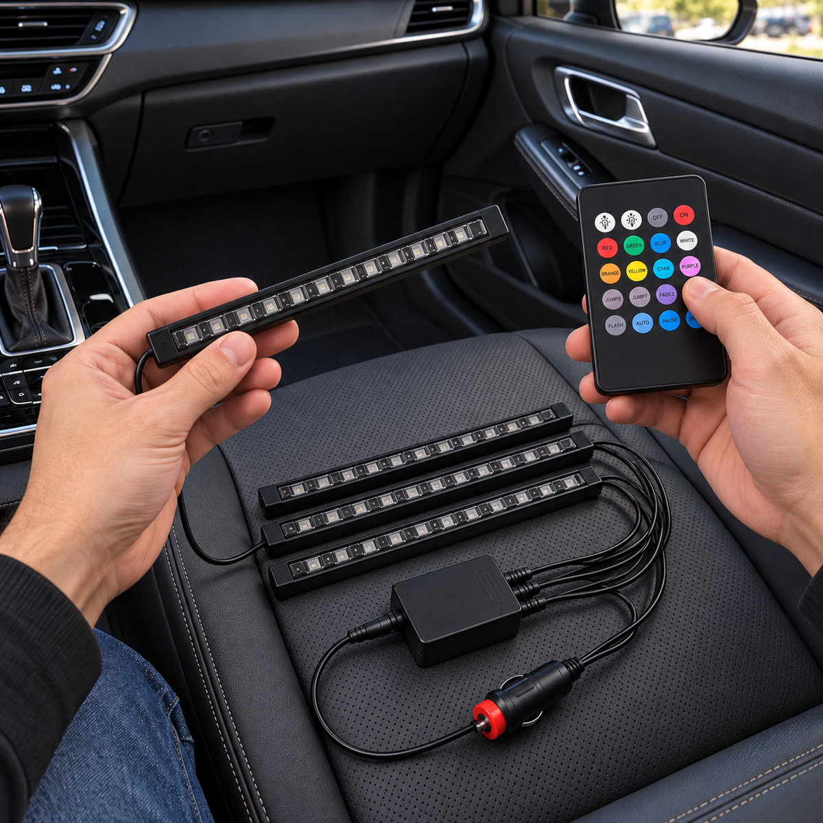 RGB LED osvjetljenje za auto – 4 letvice i daljinski – prikaz u rukama