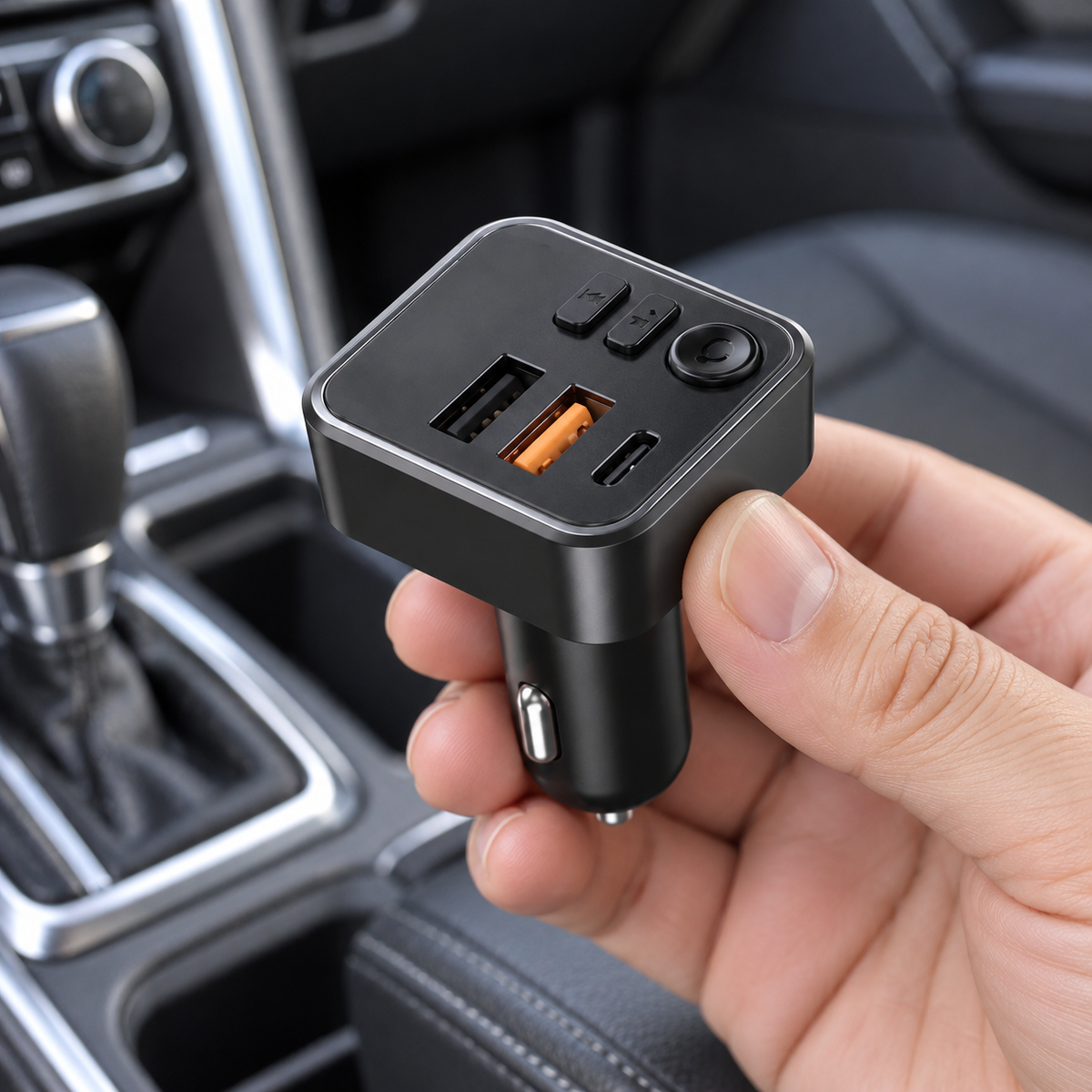C40 auto FM modulator s USB-C i dva USB-A priključka – prikaz u rukama