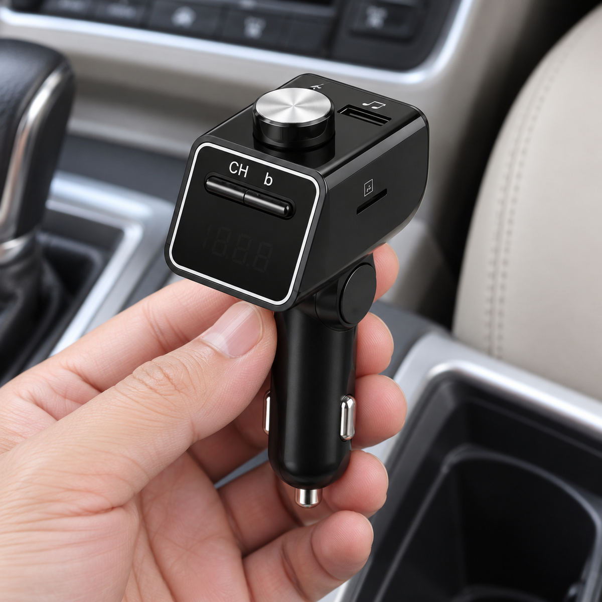Q18S auto FM modulator s okretnom glavom – prikaz u rukama