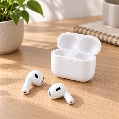 Bijele Bluetooth slušalice s kratkim drškama i kutijicom – prikaz u prostoru