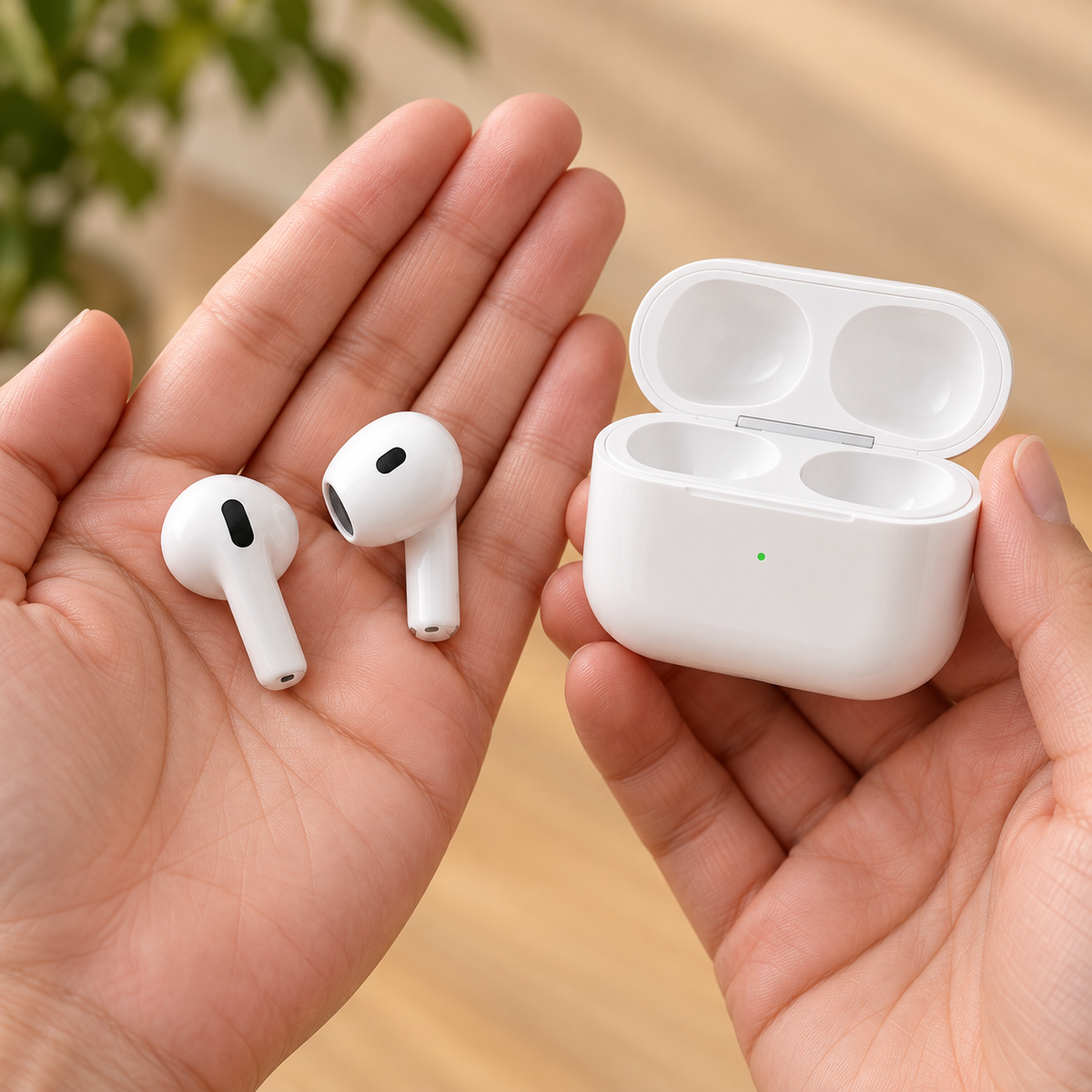 Bijele Bluetooth slušalice s kratkim drškama i kutijicom – prikaz u rukama