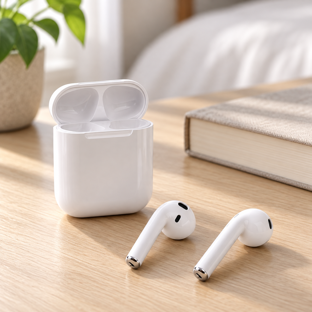i9S-TWS bijele Bluetooth slušalice s kutijicom – prikaz u prostoru