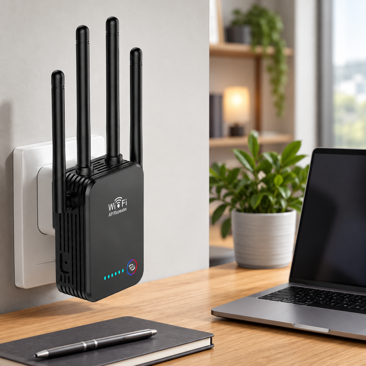 Crni Wi-Fi AP repetitor 2,4 GHz s četiri antene – prikaz u prostoru