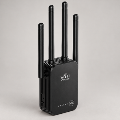 Crni Wi-Fi AP repetitor 2,4 GHz s četiri antene – studijska fotografija