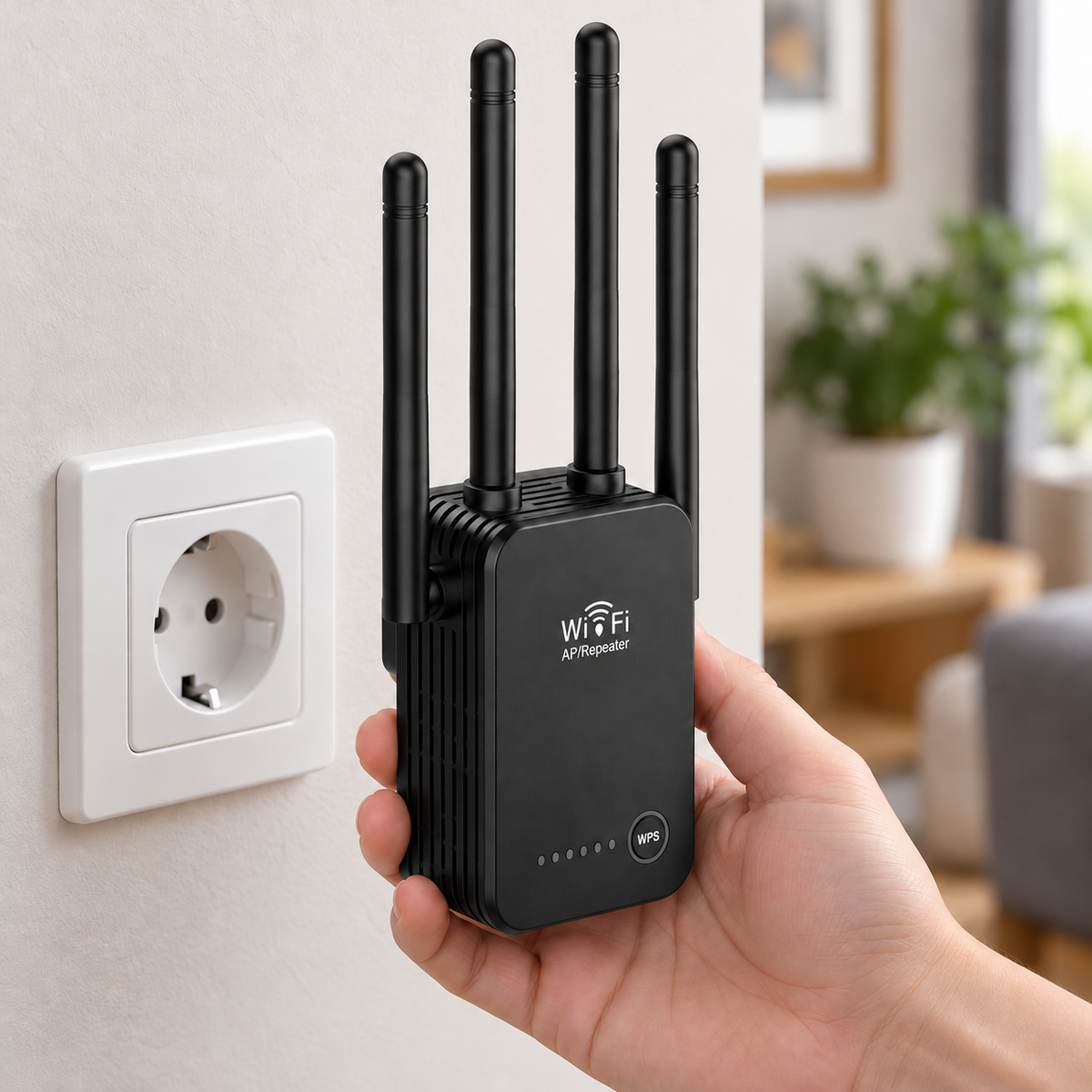 Crni Wi-Fi AP repetitor 2,4 GHz s četiri antene – prikaz u rukama