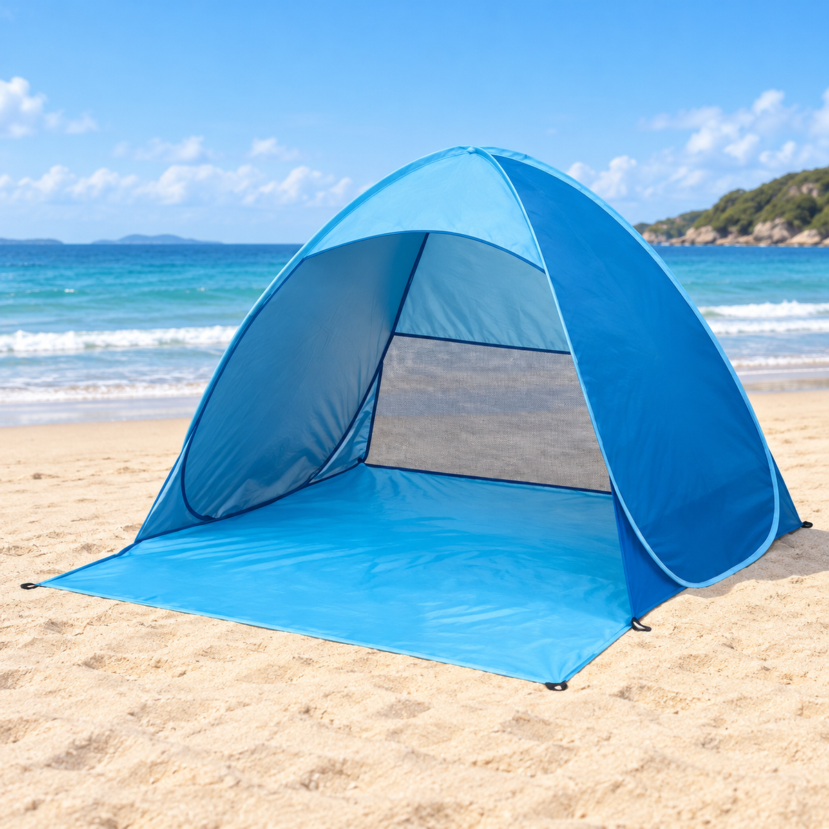 Otvoreni šator za plažu s produženom podnicom – primjer postavljanja