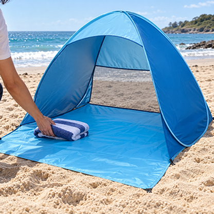 Otvoreni šator za plažu s produženom podnicom – detalj upotrebe
