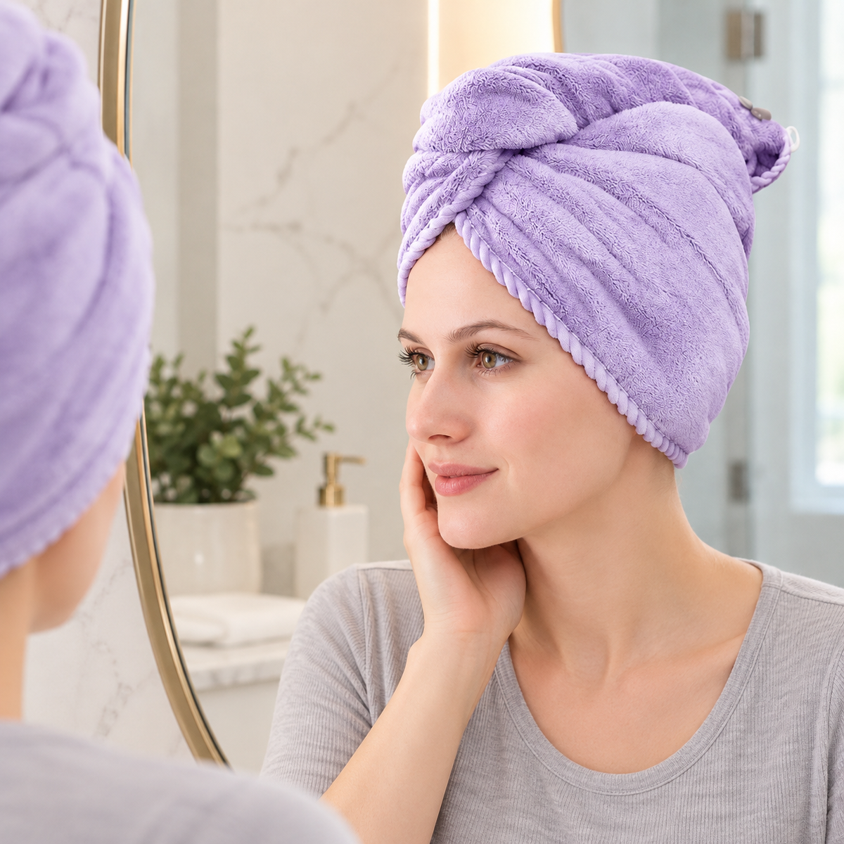 Turban peškir za kosu – izbor tri teksture – prikaz u prostoru