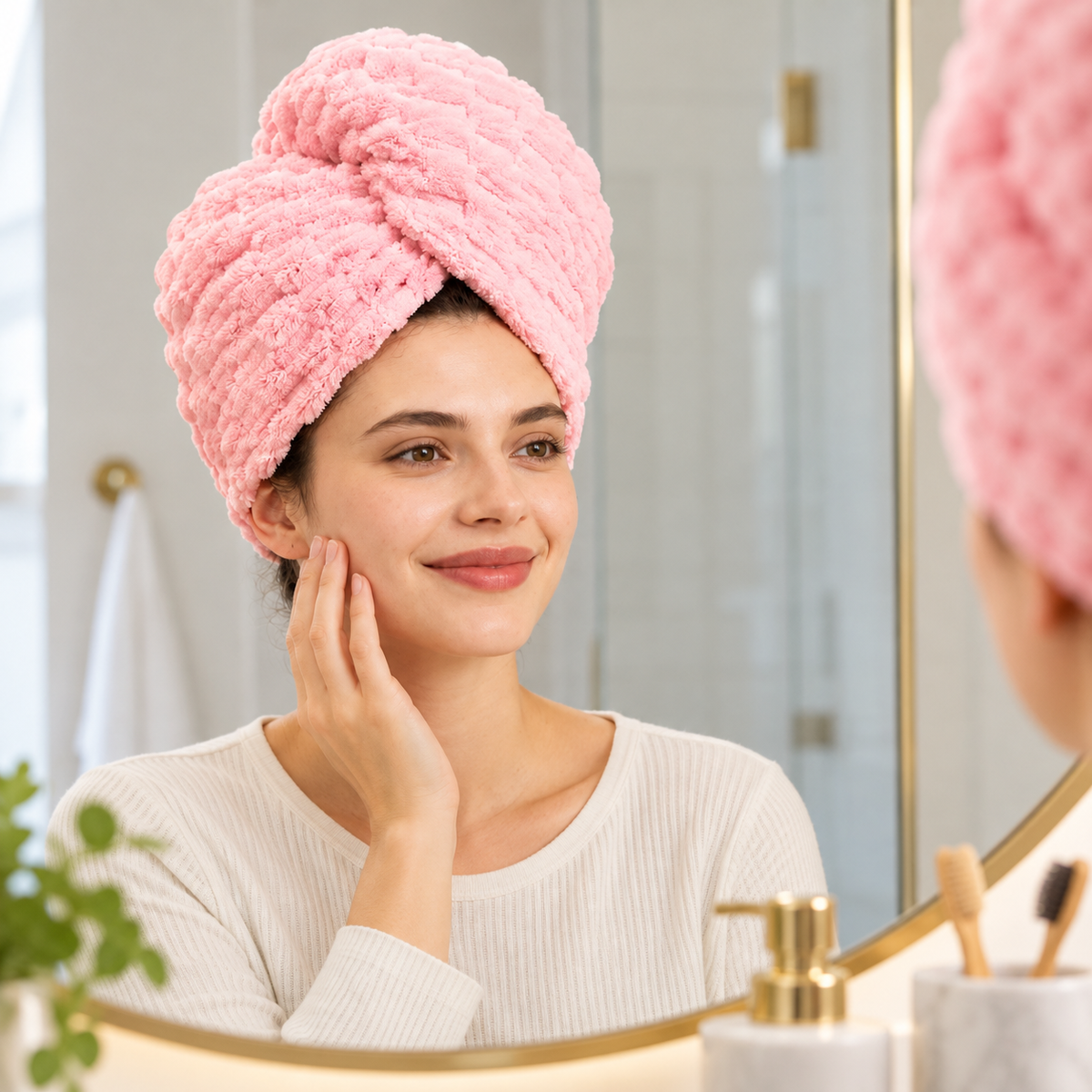 Turban peškir za kosu – izbor tri teksture – prikaz u prostoru