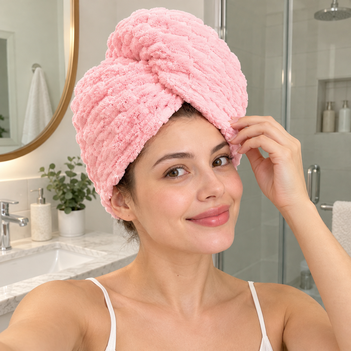Turban peškir za kosu – izbor tri teksture – prikaz u korištenju