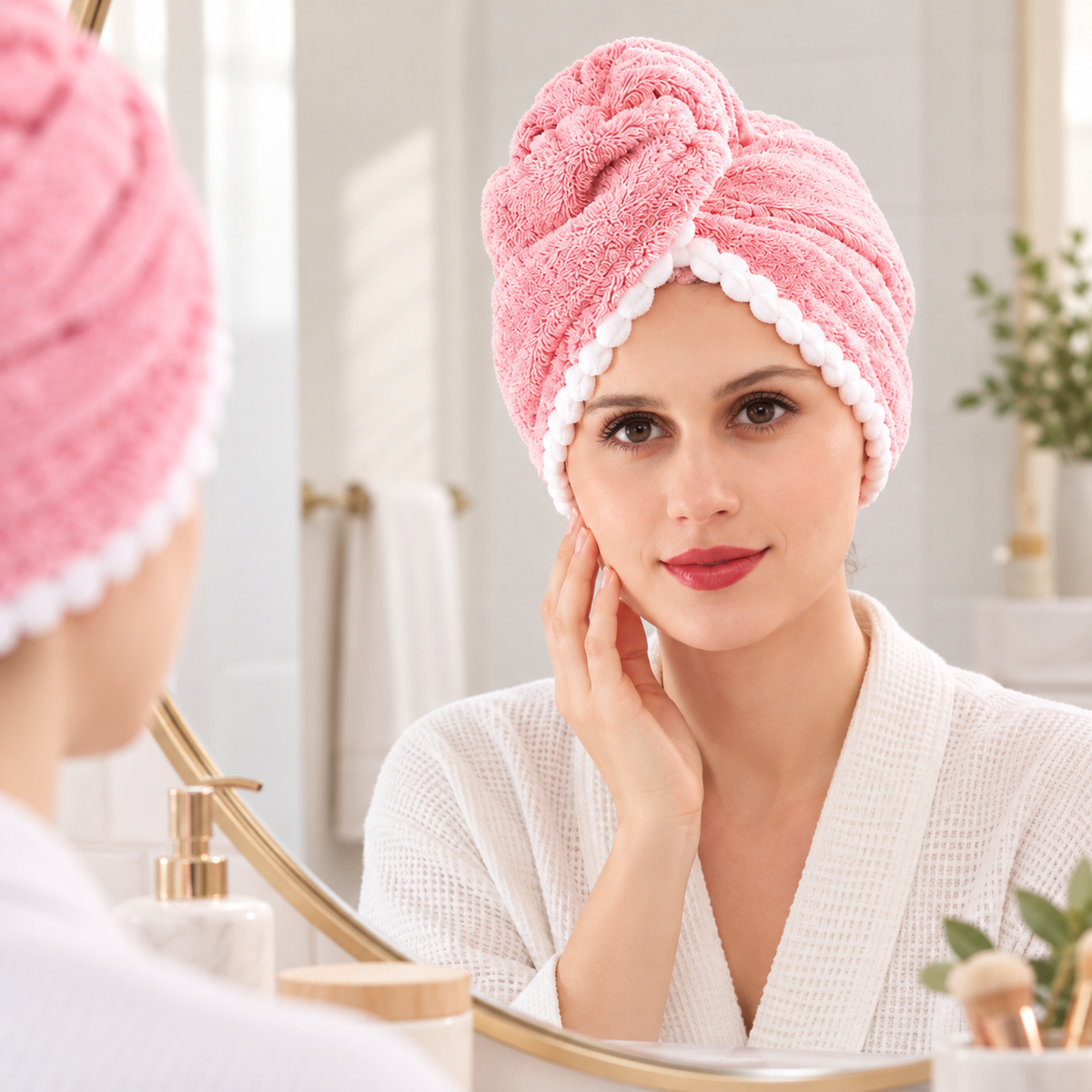 Turban peškir za kosu – izbor tri teksture – prikaz u prostoru