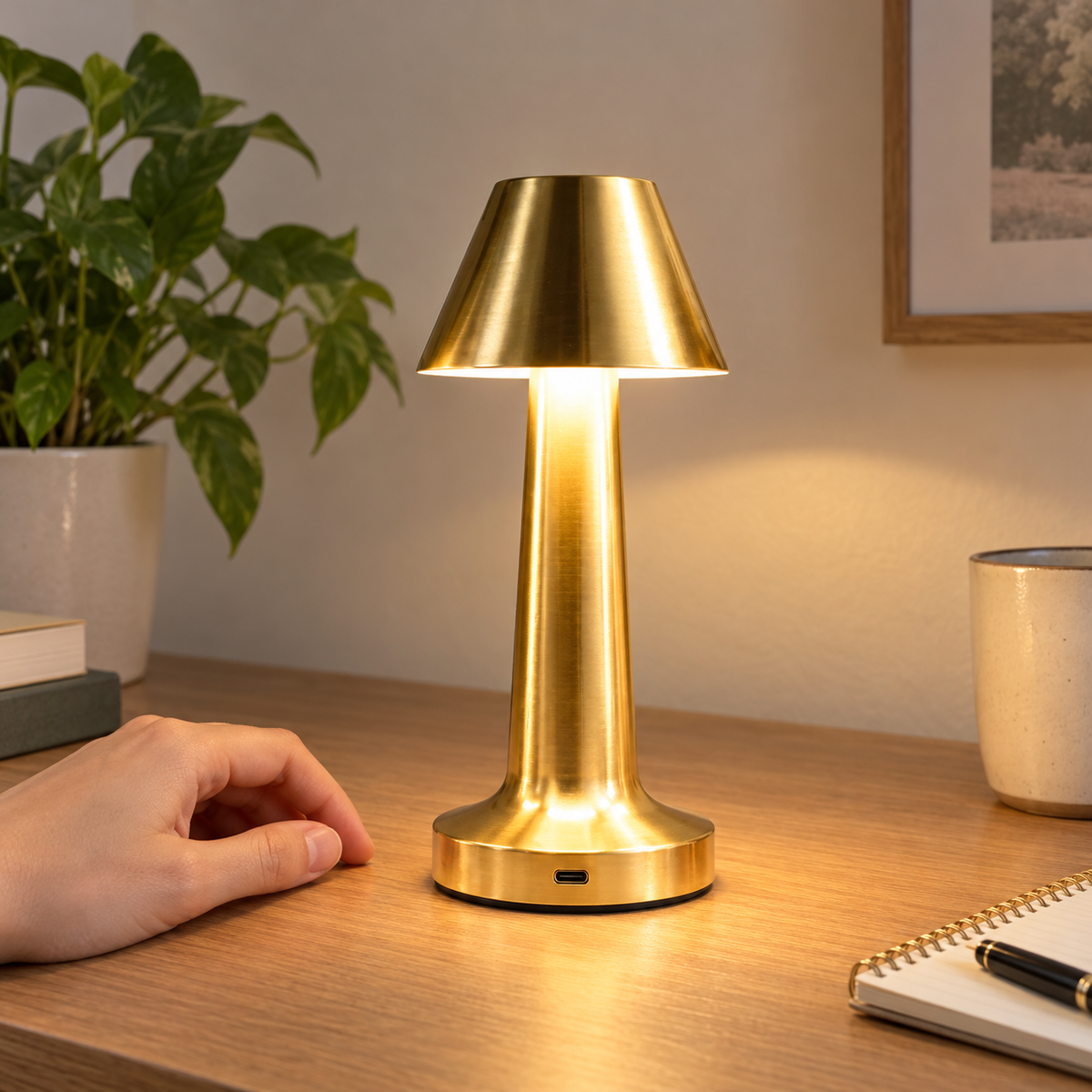 Stolna lampa s konusnim sjenilom i USB-C priključkom – svakodnevni prikaz