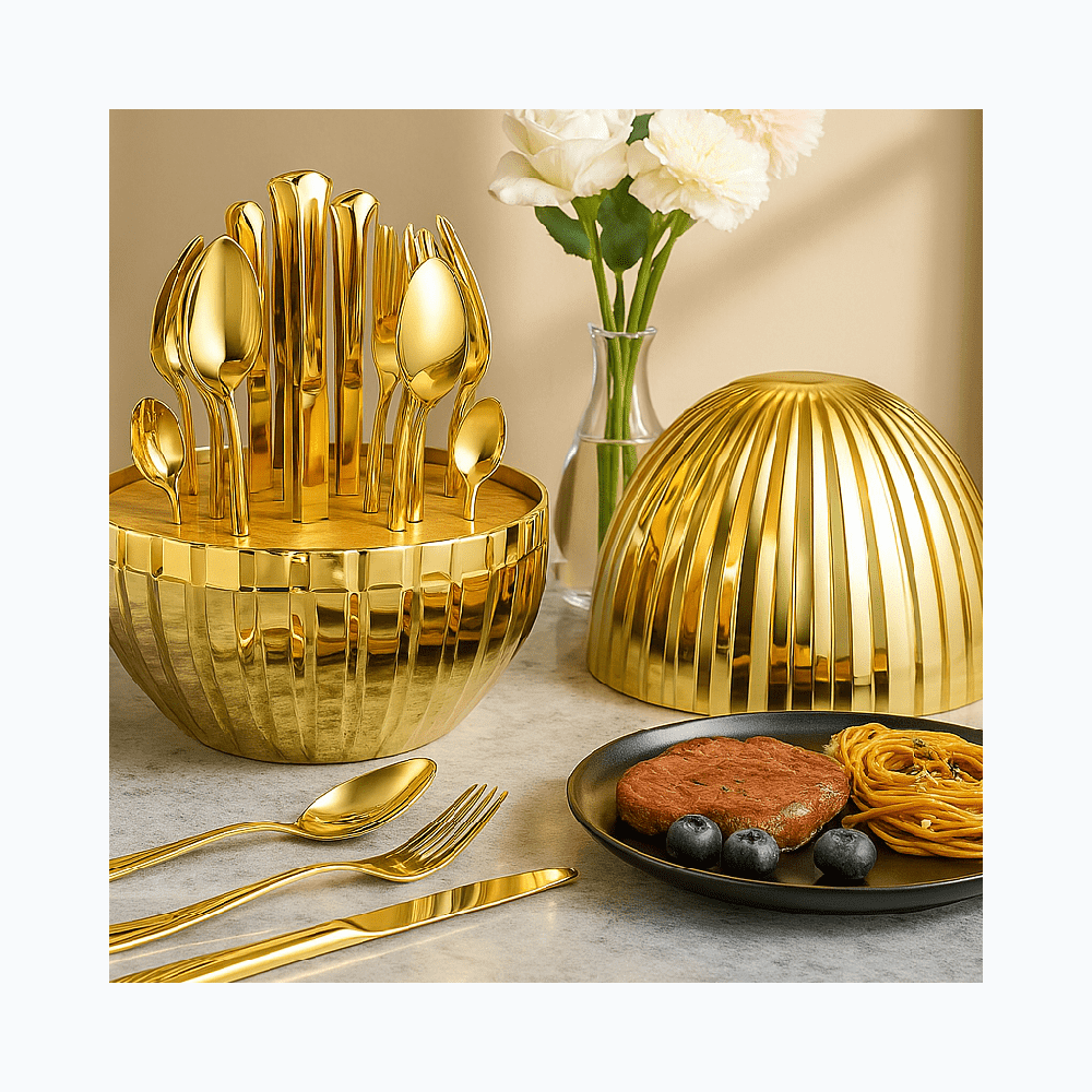 24‑dijelni zlatni set pribora za jelo s elegantnim postoljem – Posuđe i Kuhinjski Pribor – – slika 3