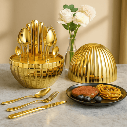 24‑dijelni zlatni set pribora za jelo s elegantnim postoljem – – – slika 1