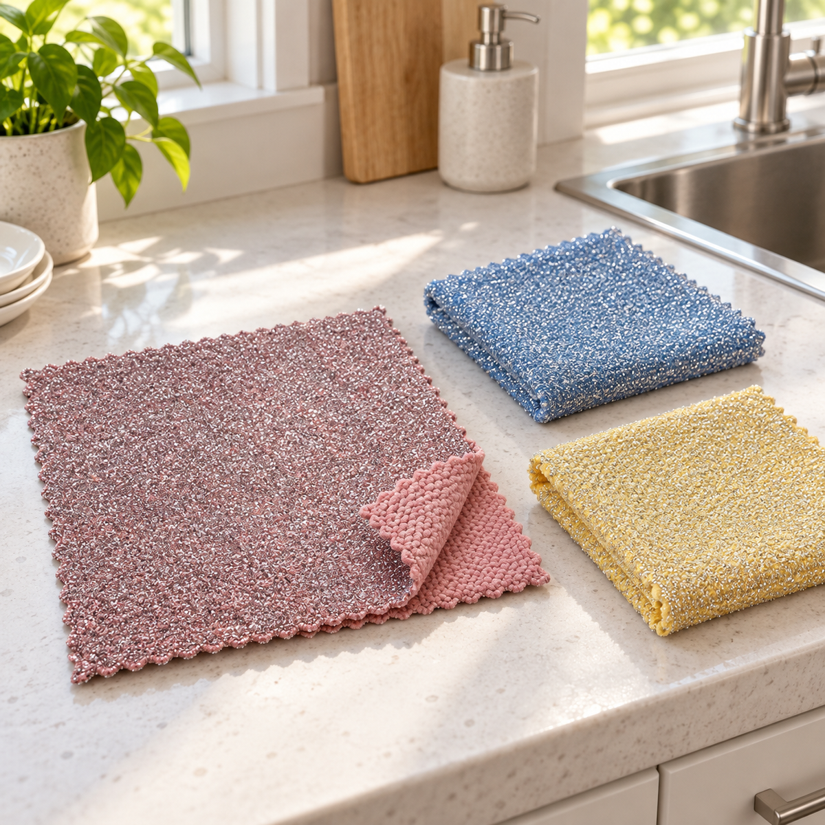 Krpe 30 × 30 cm, 3 komada – Dvostrana sitna tekstura – prikaz u kuhinji