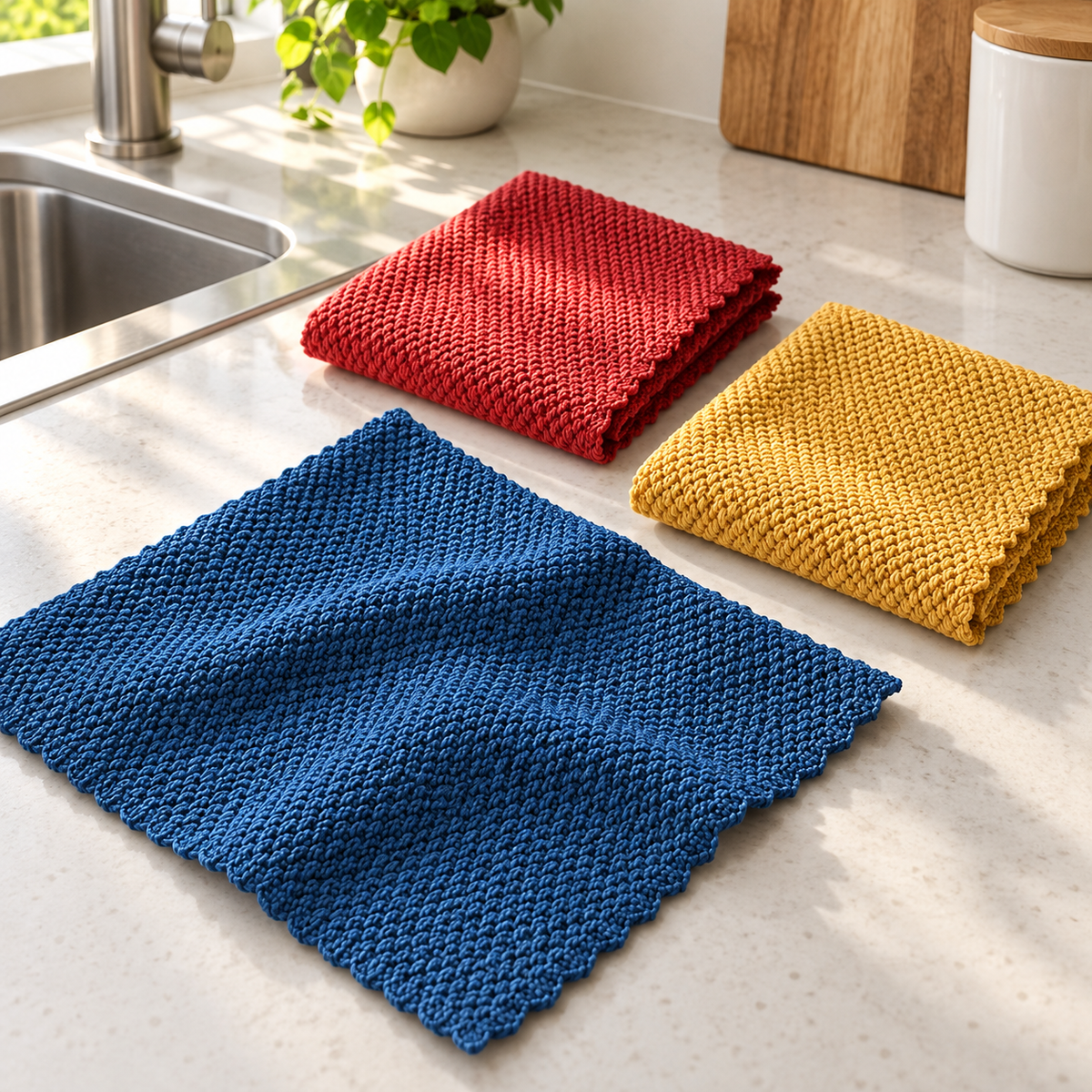 Krpe 30 × 30 cm, 3 komada – Reljefno tkanje – prikaz u kuhinji