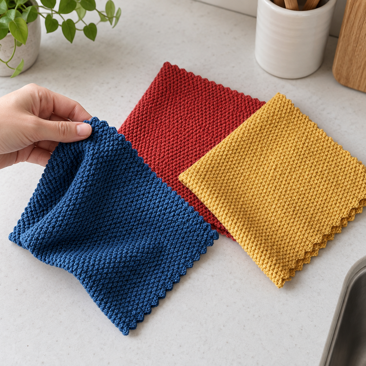 Krpe 30 × 30 cm, 3 komada – Reljefno tkanje – prikaz uz ruku