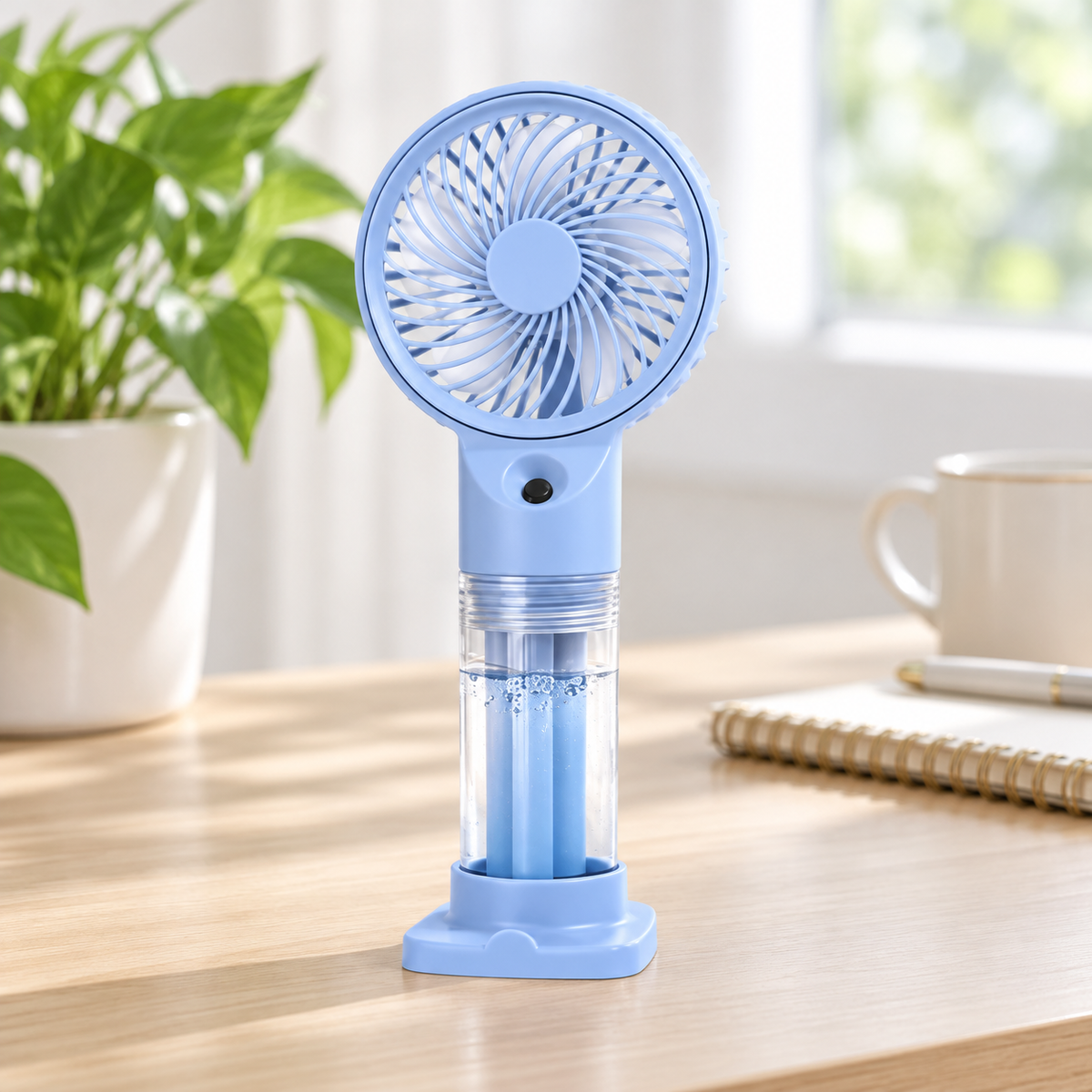Ručni USB ventilator HX12-1 s raspršivanjem – plavi primjer – u ambijentu