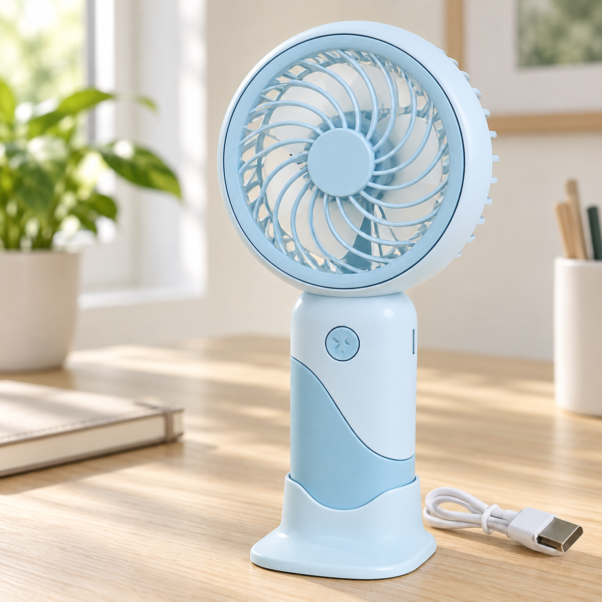Ručni mini USB ventilator S520 s postoljem – plavi primjer – u ambijentu
