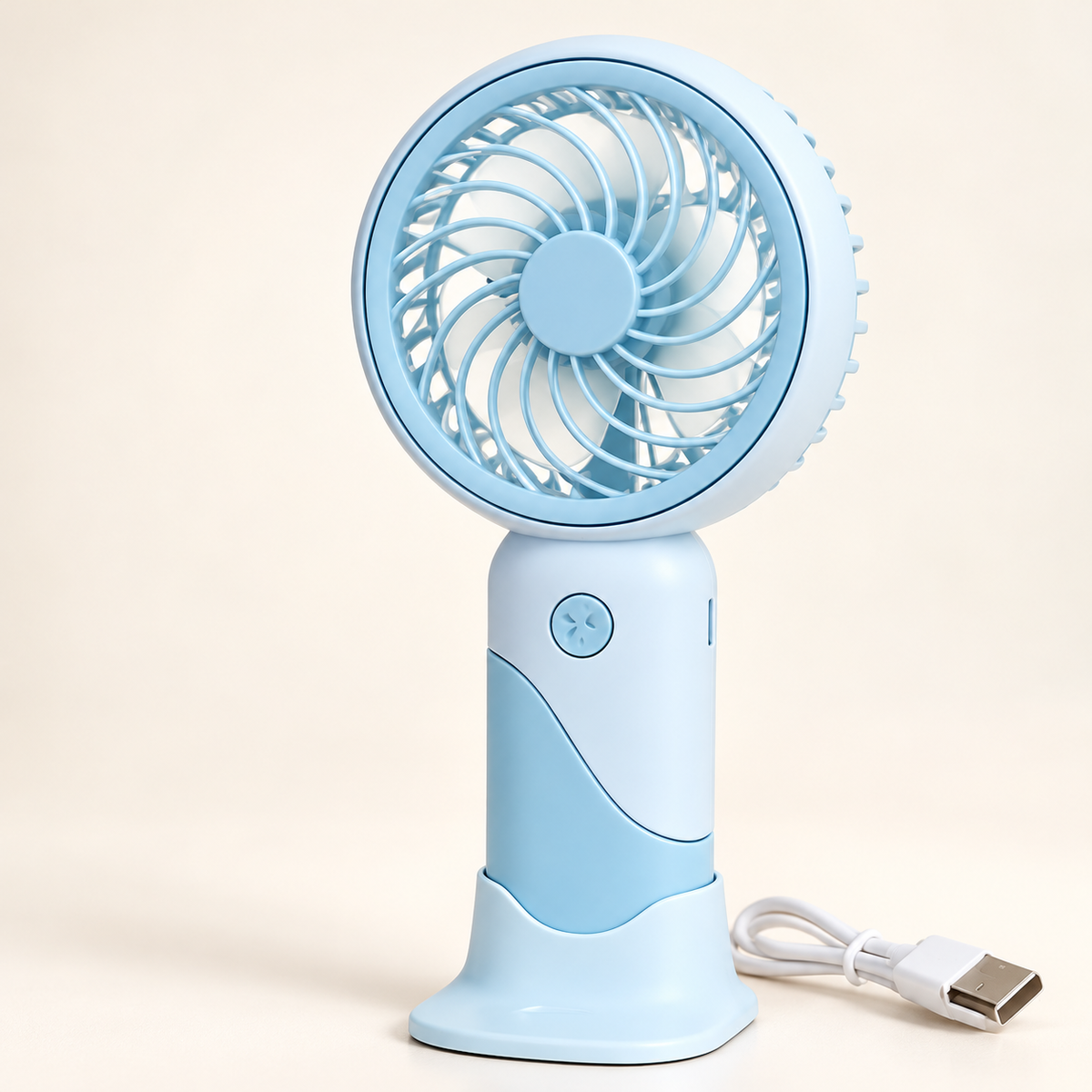 Ručni mini USB ventilator S520 s postoljem – plavi primjer – studijski prikaz