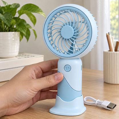 Ručni mini USB ventilator S520 s postoljem – plavi primjer – detalj u ruci