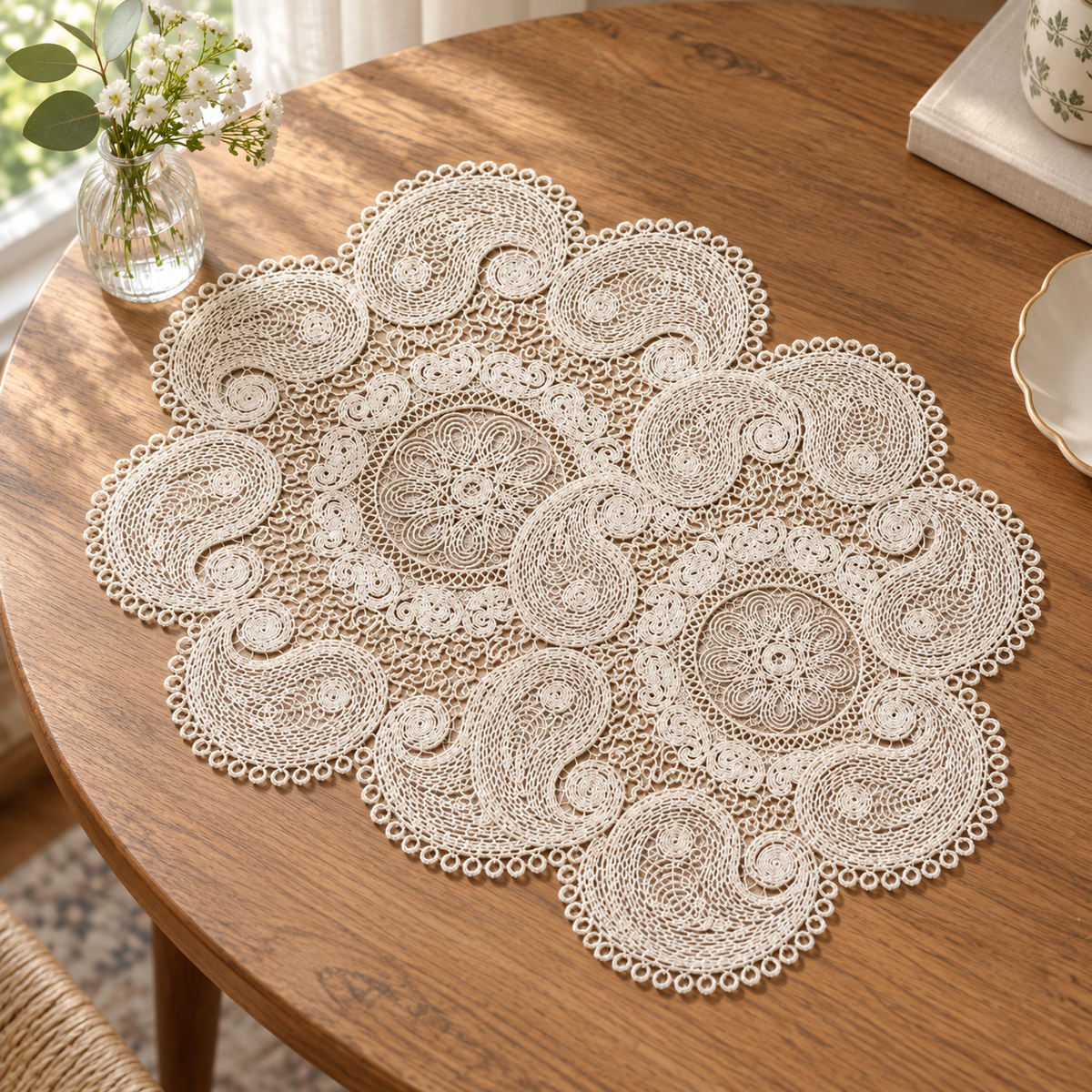 Čipkasti podmetač s paisley ukrasima 40 × 40 cm – lifestyle