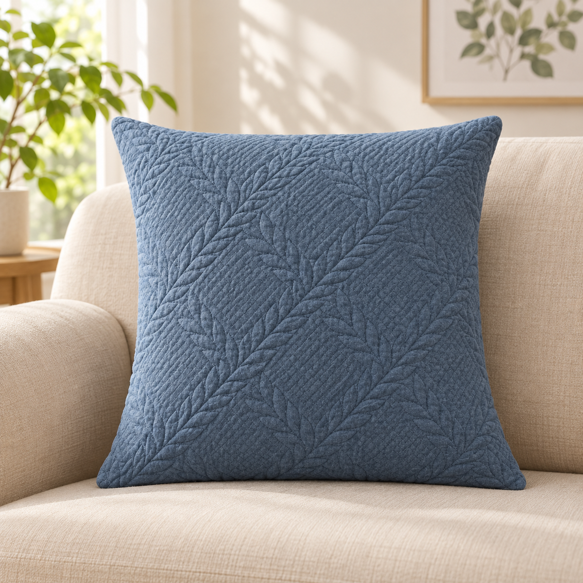 Jastučnica s reljefnim motivom lišća 45 × 45 cm – prikaz na sofi