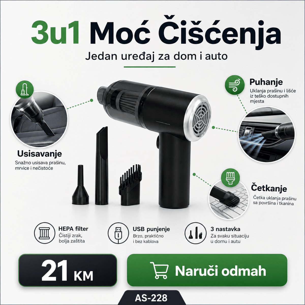 3u1 Prijenosni Mini Usisavač za Dom i Auto – Usisivači i Kućanski Strojevi – – slika 5