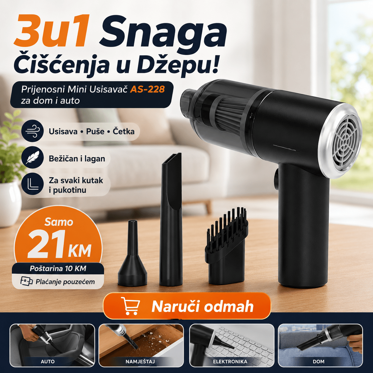 3u1 Prijenosni Mini Usisavač za Dom i Auto – Usisivači i Kućanski Strojevi – – slika 2