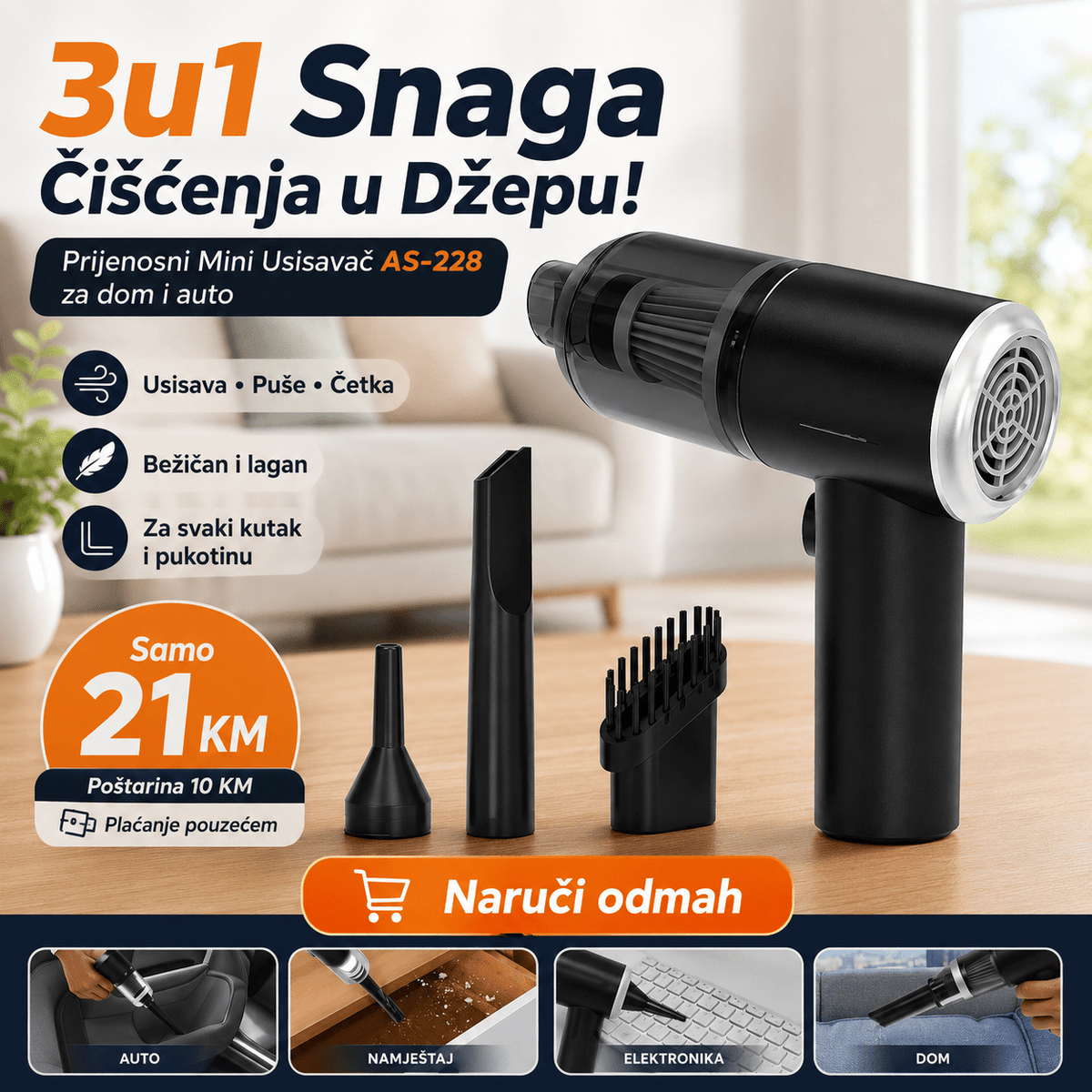 3u1 Prijenosni Mini Usisavač za Dom i Auto – Usisivači i Kućanski Strojevi – – slika 2