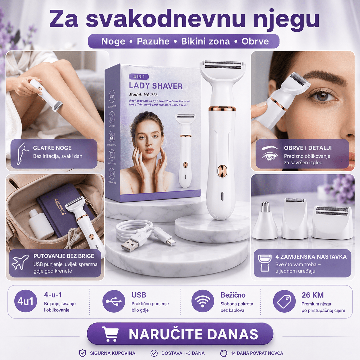 4-u-1 Ženski Električni Brijač i Trimer – – – slika 3