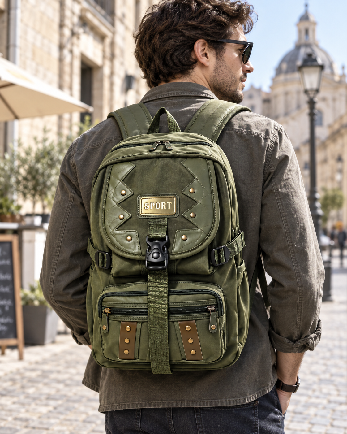Outdoor ruksak s romboidnim prednjim detaljem — AI lifestyle ilustracija s osobom