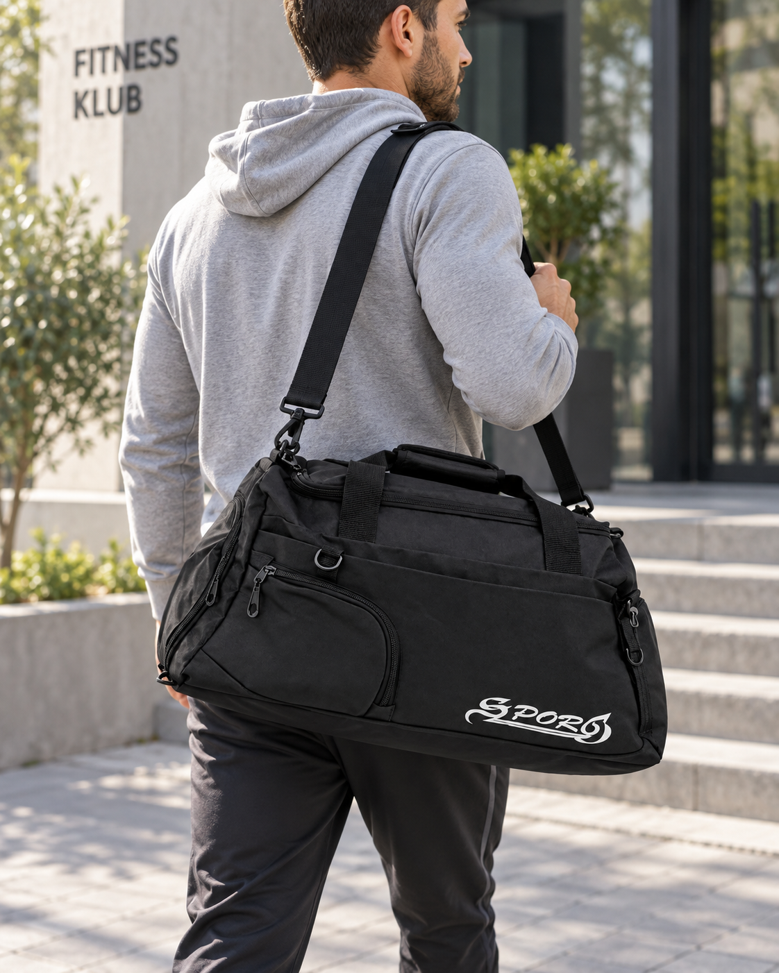 Sportska torba s kosim natpisom SPORT — AI lifestyle ilustracija s osobom