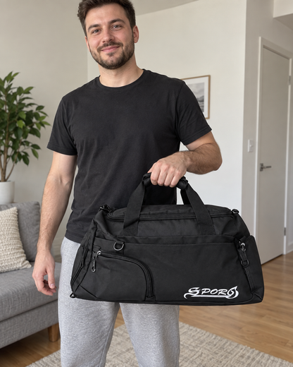 Sportska torba s kosim natpisom SPORT — AI ilustracija u UGC stilu