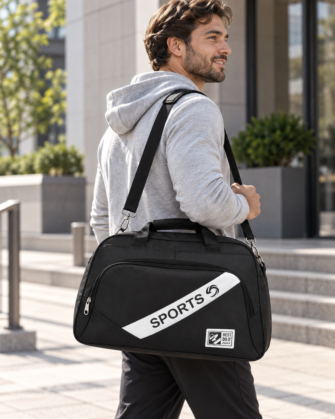 Sportska torba s dijagonalnim bijelim panelom — AI lifestyle ilustracija s osobom
