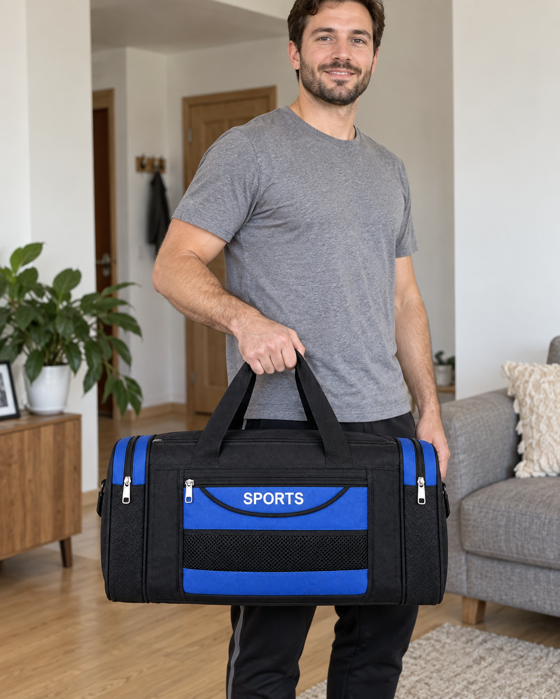 Putna torba SPORTS s dvjema prednjim trakama — AI ilustracija u UGC stilu