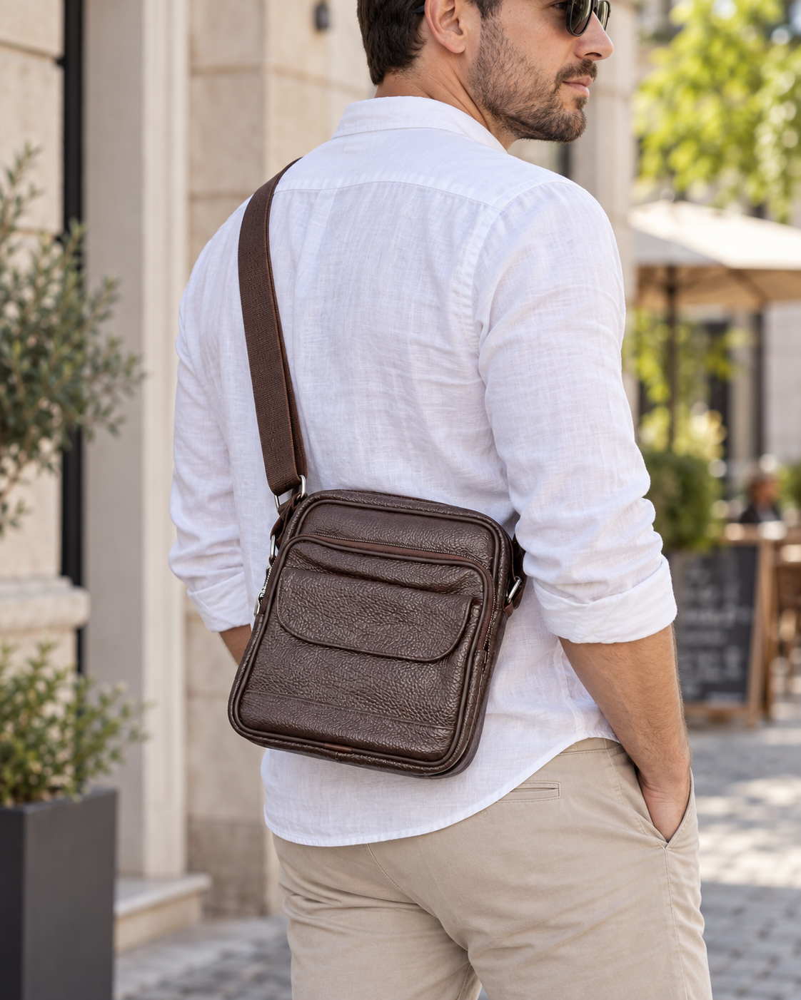 Muška torba preko ramena 4014 s preklopom — AI lifestyle ilustracija s osobom
