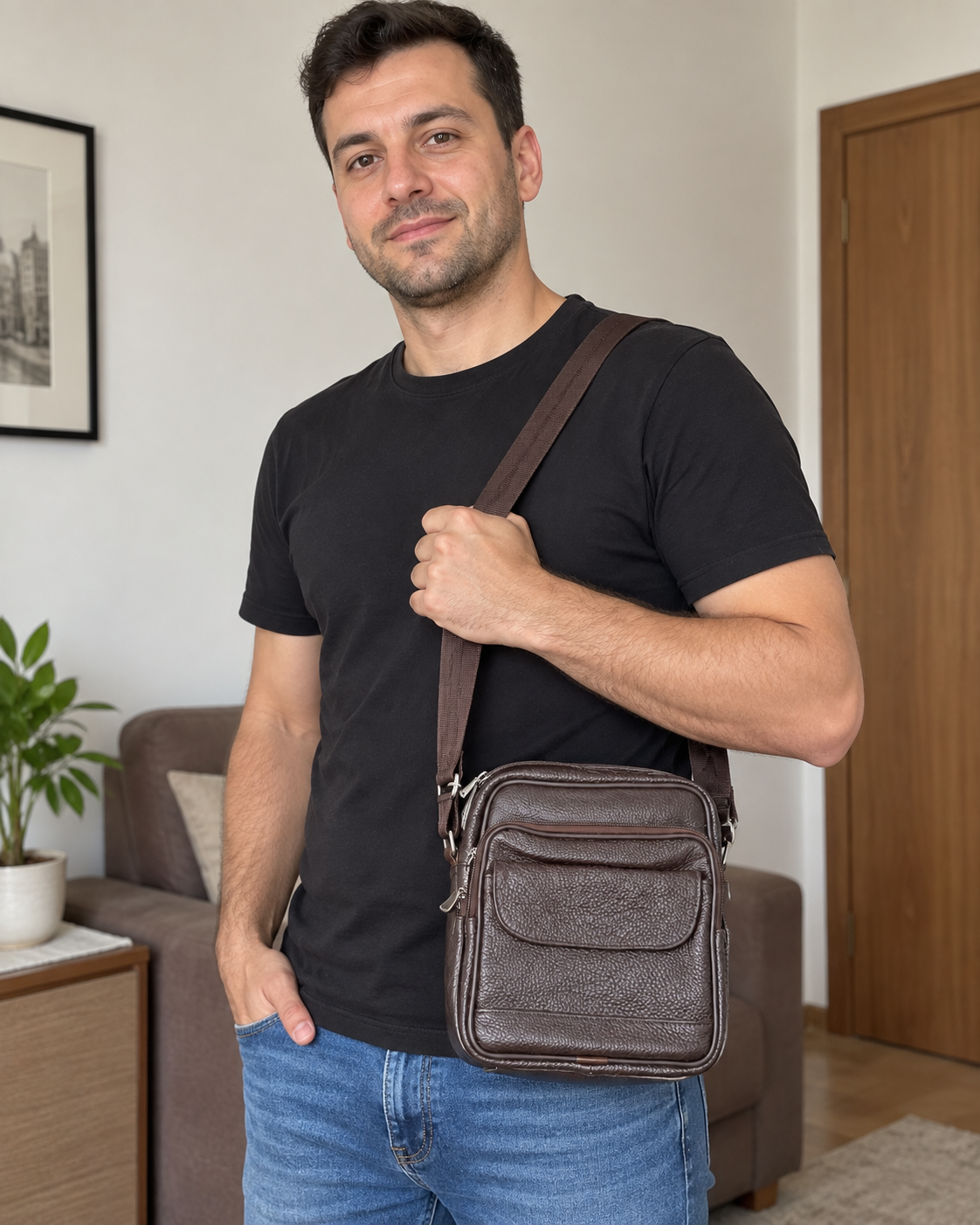 Muška torba preko ramena 4014 s preklopom — AI ilustracija u UGC stilu