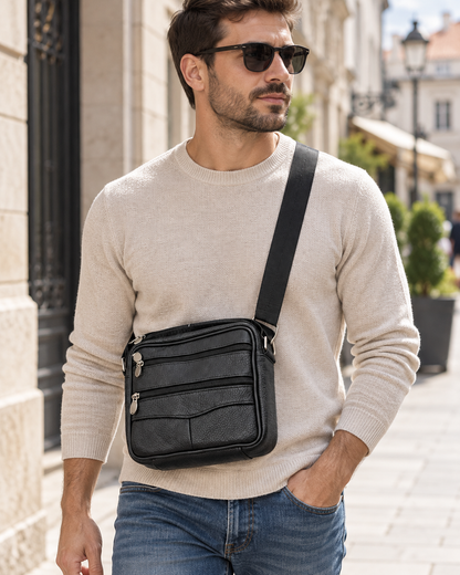 Muška torba preko ramena 11019 — AI lifestyle ilustracija s osobom